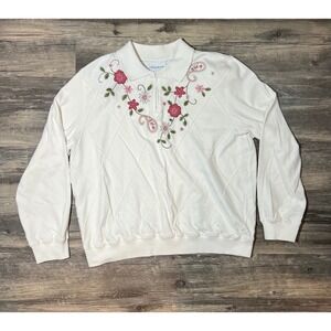 VTG Ivory Grandma Chic Alfred Dunner Embroidered Half-Zip Sweatshirt Cottagecore